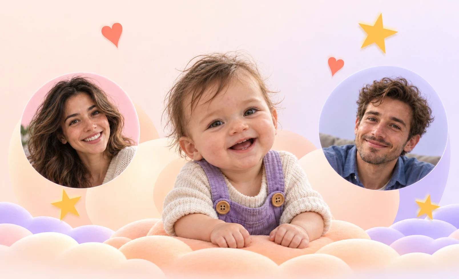 Imagined parents and baby in peach and lavender clouds
